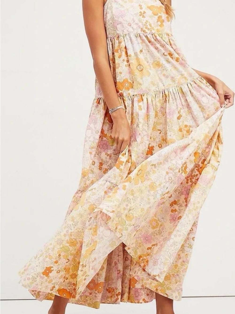 Free People Park Slope Pink, Orange & Yellow Floral Tiered Maxi Dress
